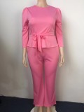 Autumn Plus Size Formal Pink Peplum Top and Pants Set