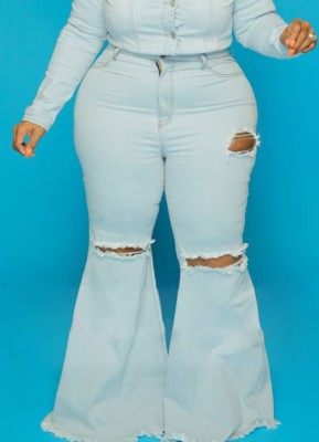 Autumn Plus Size Blue High Waist Ripped Flare Jeans