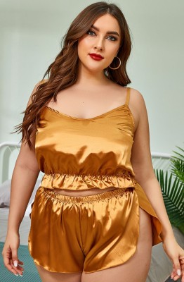 Summer Plus Size Yellow Satin Vest and Shorts 2 Piece Pajama Set