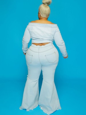 Autumn Plus Size Blue High Waist Ripped Flare Jeans