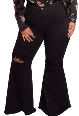 Autumn Plus Size Black High Waist Ripped Flare Jeans