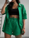 Autumn Casual Green Blouse and Shorts 2 Piece Lounge Set