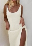 Summer White Knit Slit Long Vest Dress