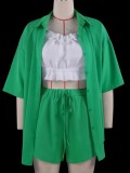 Autumn Casual Green Blouse and Shorts 2 Piece Lounge Set