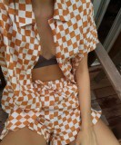 Summer Casual Orange Plaid Blouse and Shorts 2 Piece Lounge Setet
