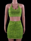Autumn Casual Green Knit Halter Crop Top and Mini Skirt Set