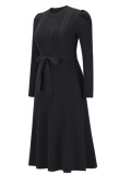 Autumn Black Knit Elegant Long Skater Dress with Belt