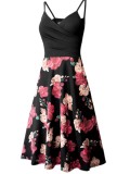 Summer Elegant Black Floral Strap Long Skater Dress