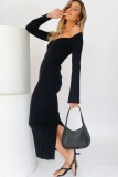 Autumn Elegant Black Knit Square Neck Long Slim Dress with Full Sleeves