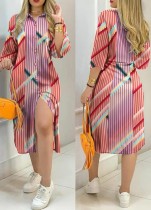 Autumn Casual Print Under-Knee Blouse Dress with Full Sleeves