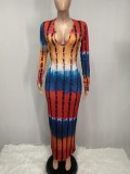Autumn Tie Dye Sexy Long Bodycon Dress with Full Sleeves