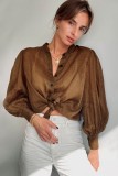 Autumn Brown Puff Sleeve Loose Cotton Blouse