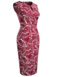 Summer Vintage Sleeveless Professional Print Midi Dress Red