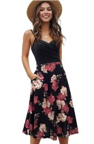 Summer Elegant Black Floral Strap Long Skater Dress