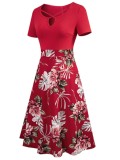 Summer Vintage Red Floral Short Sleeve Long Skater Dress