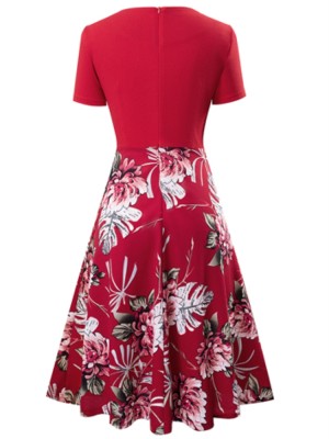 Summer Vintage Red Floral Short Sleeve Long Skater Dress