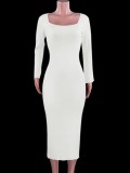 Autumn Elegant White Knit Square Neck Long Slim Dress with Full Sleeves