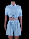 Summer Blue Blouse and High Waist Shorts Lounge Set