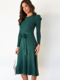 Autumn Green Knit Elegant Long Skater Dress with Belt