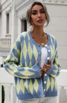 Autumn Blue and Yellow Geommetric Button Up Sweater Coat