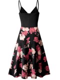 Summer Elegant Black Floral Strap Long Skater Dress