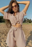 Summer Khaki Blouse and High Waist Shorts Lounge Set