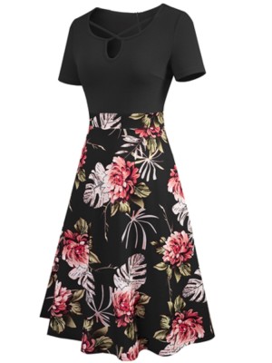 Summer Vintage Black Floral Short Sleeve Long Skater Dress