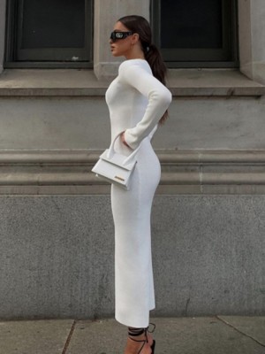 Autumn Elegant White Knit Square Neck Long Slim Dress with Full Sleeves