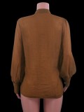 Autumn Brown Puff Sleeve Loose Cotton Blouse
