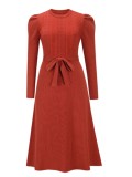 Autumn Red Knit Elegant Long Skater Dress with Belt