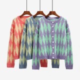 Autumn Blue and Yellow Geommetric Button Up Sweater Coat