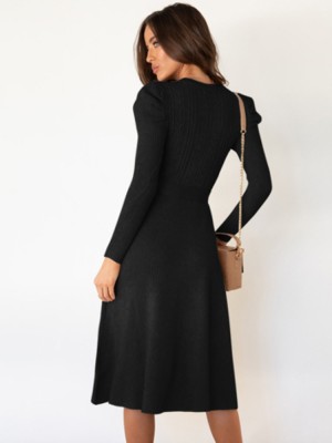 Autumn Black Knit Elegant Long Skater Dress with Belt