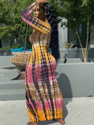 Autumn Tie Dye Sexy Long Bodycon Dress with Full Sleeves