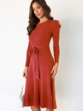 Autumn Red Knit Elegant Long Skater Dress with Belt