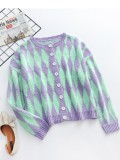 Autumn Purple and Green Geommetric Button Up Sweater Coat