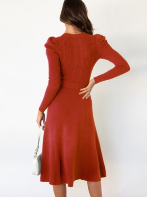 Autumn Red Knit Elegant Long Skater Dress with Belt