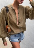 Autumn Khaki Puff Sleeve Loose Cotton Blouse