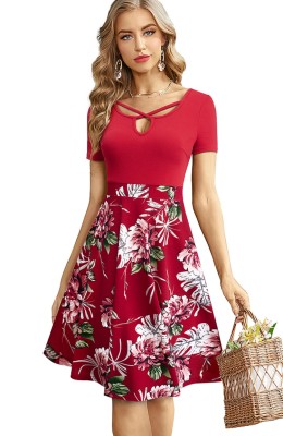 Summer Vintage Red Floral Short Sleeve Long Skater Dress
