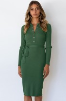 Autumn Elegant Green Long Sleeve Button Up Knitted Midi Dress with Belt
