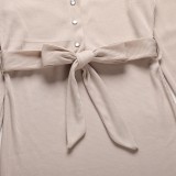 Autumn Elegant Khaki Long Sleeve Button Up Knitted Midi Dress with Belt
