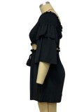 Summer Plus Size Black Off Shoulder Ruffled Frill Crop Top and Matching Shorts Set
