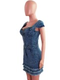 Summer Trendy Short Sleeve Button Up Ruffled Denim Mini Dress