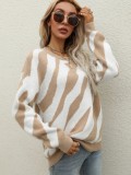 Winter Casual Khaki Stripes Round Neck Long Sleeve Sweater