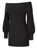 Autumn Elegant Black Off Shoulder Knitted Dress with Puff Sleeve