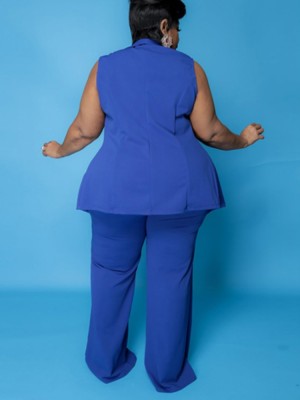Autumn Plus Size Professional Blue Crop Top with Sleeveless Blazer and Pants 3 pcs Set