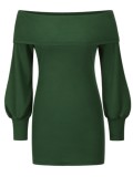 Autumn Elegant Green Off Shoulder Knitted Dress with Puff Sleeve