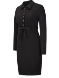 Autumn Elegant Black Long Sleeve Button Up Knitted Midi Dress with Belt