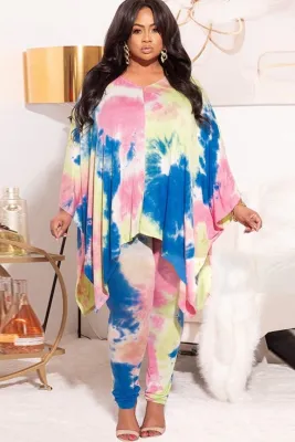 Autumn Plus Size Tie Dye Loose Top and Matching Pants Set