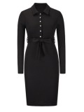 Autumn Elegant Black Long Sleeve Button Up Knitted Midi Dress with Belt