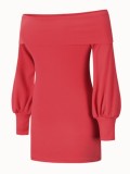 Autumn Elegant Red Off Shoulder Knitted Dress with Puff Sleeve
